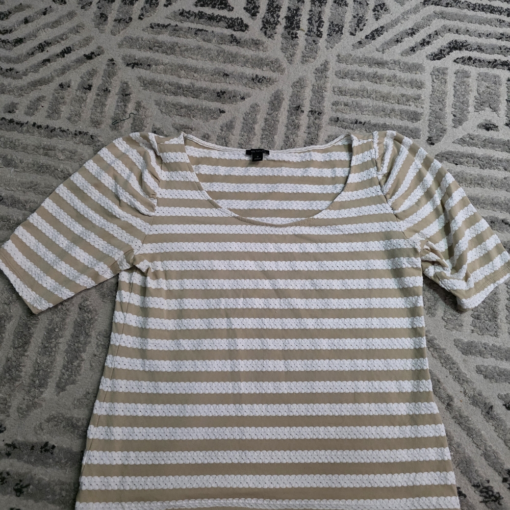 Ann Taylor Beige and White Striped Short Sleeve Top
